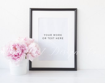 A3 mounted frame mockup for A4 artwork - Black frame styled with fresh peonies - Psd smart object + Png + Jpeg - Instant download