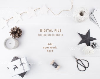Christmas styled stock photo - Overhead white wooden background - High Res Jpeg file - Scandinavian neutral style - Blog, post, social media