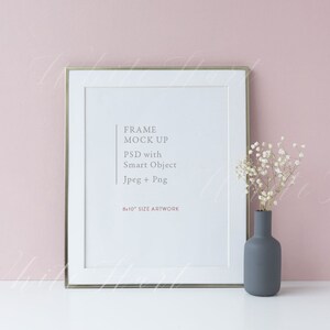 Frame mockup - 8x10&quot; - Styled stock photo - PSD with smart object + JPG + PNG - perfect for prints, illustration - pink background and gold