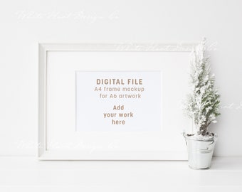 A4 Christmas landscape frame mockup for A6 artwork display - PSD smart object + Png + Jpeg - instant download digital mockup