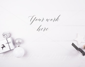 Christmas mockup - Styled stock photography - Overhead white wooden background - High Res Jpeg file