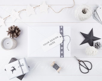 Christmas Gift tag styled stock photography - Overhead white wooden background - High Res Jpeg file