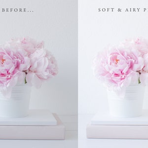 May include: Before and after photo showing a bouquet of pink peonies in a white pot on a stack of books. The image on the right shows the effect of a "Soft & Airy" preset.