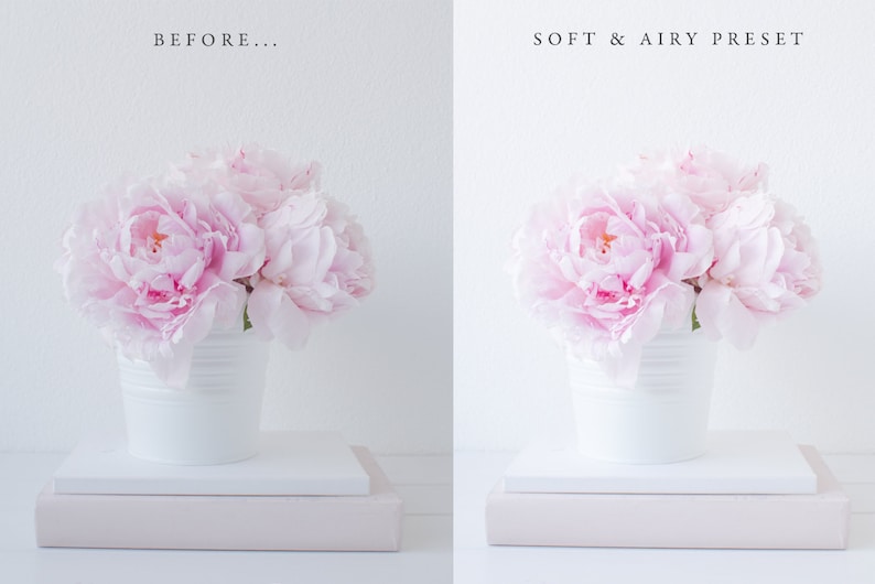 May include: Before and after photo showing a bouquet of pink peonies in a white pot on a stack of books. The image on the right shows the effect of a "Soft & Airy" preset.