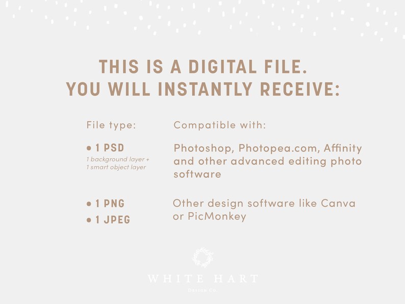 Puede incluir: Un gr&aacute;fico de informaci&oacute;n de descarga de archivos digitales con el texto "THIS IS A DIGITAL FILE. YOU WILL INSTANTLY RECEIVE:" y una lista de tipos de archivos y software compatible. Los tipos de archivos incluyen 1 PSD, 1 PNG y 1 JPEG. El software compatible incluye Photoshop, Photopea.com, Affinity y otros programas de edici&oacute;n de fotos avanzados, as&iacute; como otros programas de dise&ntilde;o como Canva o PicMonkey.