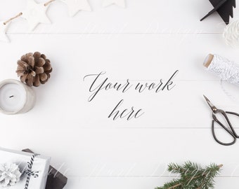 Christmas styled stock photography - White and gold flatlay Xmas background - High Res Jpeg file - illustration, mockups