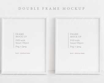 May include: Two white picture frames with a white mat and a white background. The frames are 8x10 inches and 20x25 centimeters. The text on the frames reads "FRAME MOCK UP PSD with Smart Object Png + Jpeg 8x10 - 20x25cm frame".