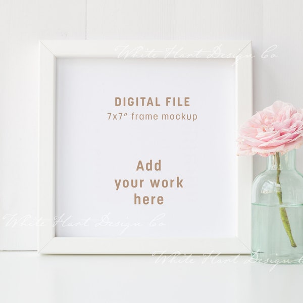 7x7" white square frame mockup - floral theme - Psd smart object + Png + Jpeg - Instant download