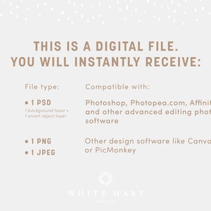 May include: A digital file download information graphic with the text "THIS IS A DIGITAL FILE. YOU WILL INSTANTLY RECEIVE:" and a list of file types and compatible software. The file types include 1 PSD, 1 PNG, and 1 JPEG. The compatible software includes Photoshop, Photopea.com, Affinity, and other advanced editing photo software, as well as other design software like Canva or PicMonkey.