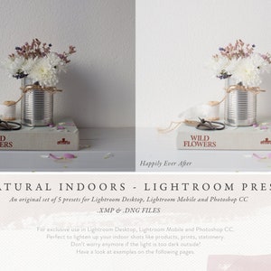 May include: A before and after image showing the effect of Lightroom presets on a photo of white flowers in a tin can on a book. The text "WILD FLOWERS" is visible on the book. The presets brighten the image and make the colors more vibrant.