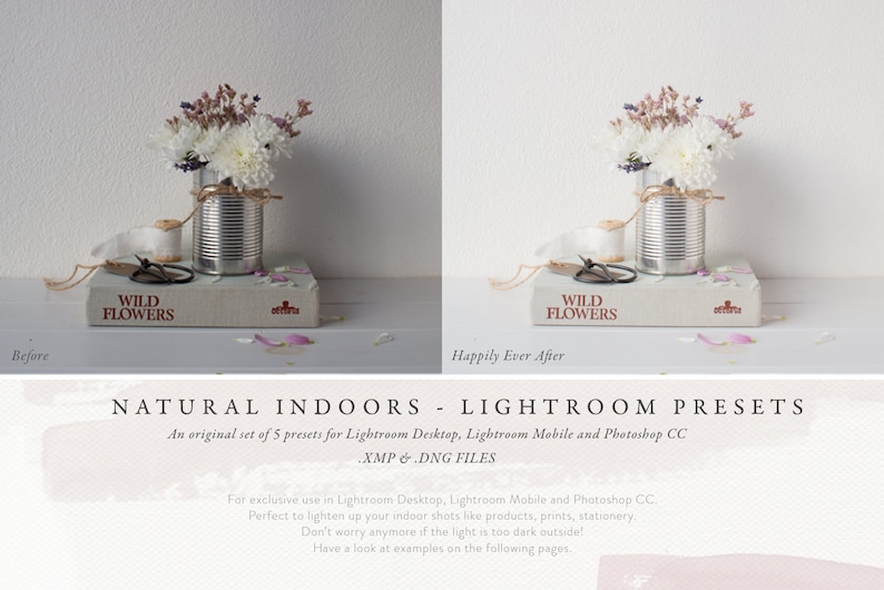 May include: A before and after image showing the effect of Lightroom presets on a photo of white flowers in a tin can on a book. The text "WILD FLOWERS" is visible on the book. The presets brighten the image and make the colors more vibrant.