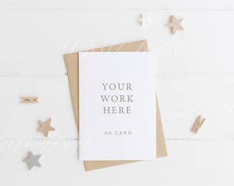 Card mockup - A6 stationery - white card + kraft envelope - Psd Smart object + Png +Jpeg - weddings, card, invitations, printables