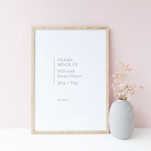 A3 frame mockup - 30x40cm - Styled stock photo - PSD smart object + JPG + PNG - perfect for prints, illustration - pink background and gold
