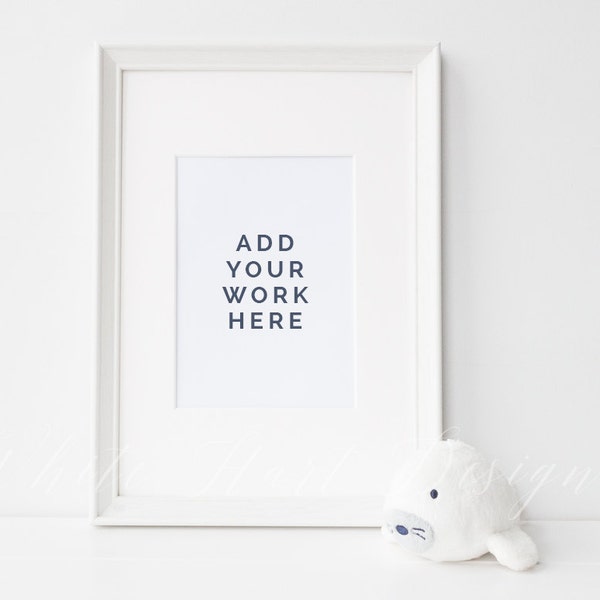 A4 frame mockup for A6 prints - White nursery theme - Psd smart object + Png + Jpeg - Showcase your work online with digital mockups