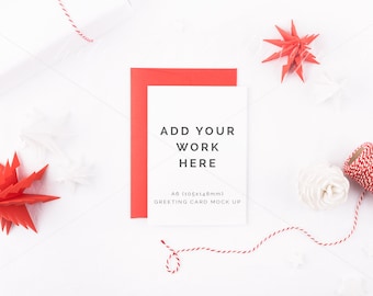 Christmas A6 card mockup - Psd with smart object + Png + Jpeg - Red and White Xmas styling - Flatlay - mockups - Styled stock photography