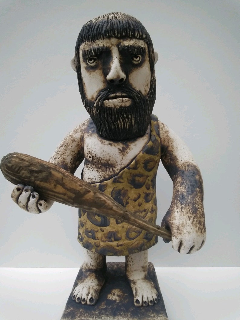 Ceramic Caveman With a Hand Carved Wooden Club Etsy