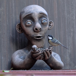 Ceramic Bird Man bird feeder sculpture