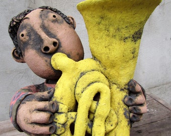 Ceramic Tubist Sculpture, Fireclay Tuba Player, One-of-a-Kind