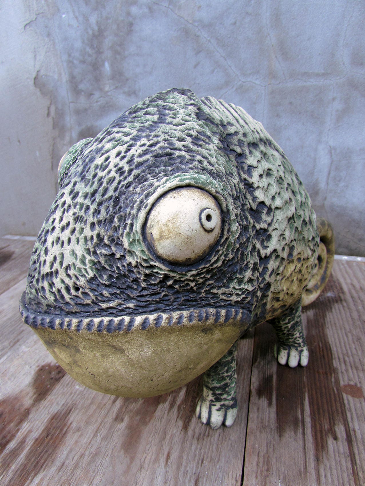 One-of-a-kind Ceramic Chameleon Sculpture, Handmade Fireclay
