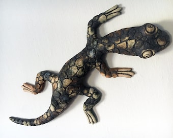 Ceramic Gecko Wall Sculpture, Handmade Fireclay Lizard Art