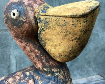 Ceramic Pelican Sculpture, One-of-a-Kind Fireclay Bird