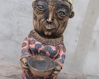 Ceramic Bird Lady bird feeder sculpture