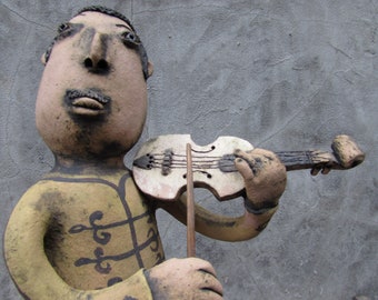 Fireclay Ceramic Violinist Sculpture, Metal Oxide Finish