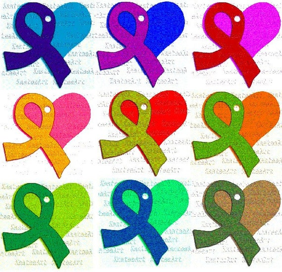 Items similar to Heart + Awareness Ribbon - Set of 9 various sizes Scrapbooking Tag Cardstock ...