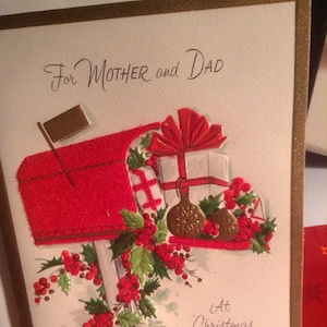 Vintage Christmas Card For Mother and Dad flocked mailbox with gifts by Gibson Unused+env