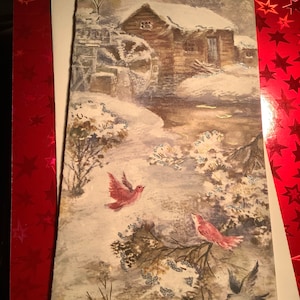 Vintage Weihnachtskarte Schneedorf mit Vögeln von der alten Mühle Gibson Karten Unbenutzt+env