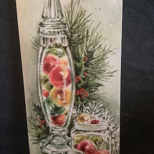 Vintage Christmas Card jar of assorted color ornaments Unused+env