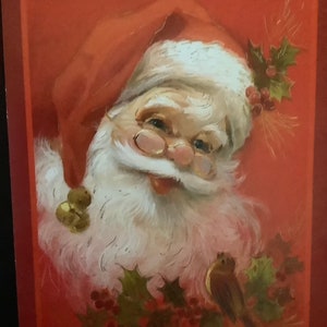 Vintage Christmas Card Happy Santa Claus and bird Unused+env