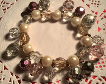 Vintage beaded faux pearls and bangles stretch bracelet