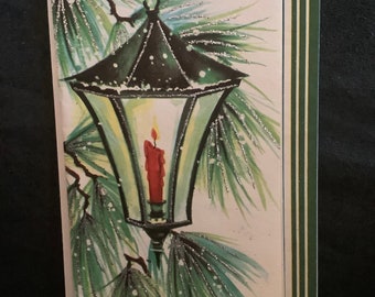 Vintage glitzernde Weihnachtskarte Hängekerzenlampe Unbenutzt+Umschlag