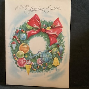 Vintage Weihnachtsgruss Karte geschmückter Kranz Unbenutzt+umschlag