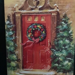 Vintage kerstkaart Krans op rode deur ongebruikt+env