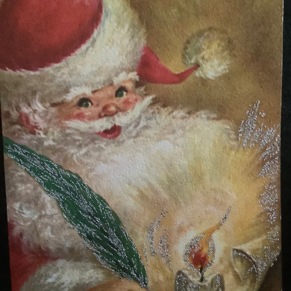 Vintage Christmas Card silvered Santa Claus Unused+env