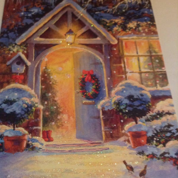 Vintage Christmas card glittered warm glow front door Unused+env