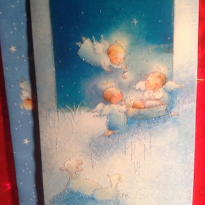 Vintage Weihnachtskarte glitzernde Engel an der Krippe unbenust+neid