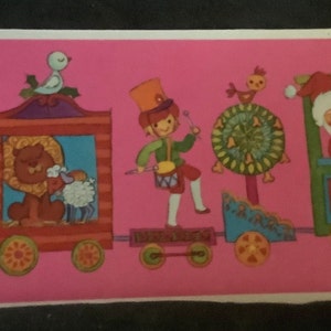 Cartão de Natal vintage Papai Noel e amigos treinam não utilizado + env