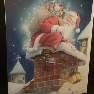 Cartão de Natal Vintage Papai Noel descendo pela chaminé Não utilizado+env