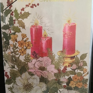 Vintage pop-up kerstkaart kaarsen en bloemen ongebruikt+env NIP
