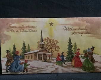Vintage Christmas Card snowy day attending church Unused+env