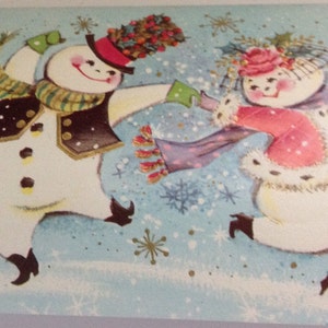 Weihnachtskarte glückliches Schneemannpaar in Pastellfarben