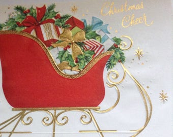 Vintage Christmas card sleigh and gifts unused+env