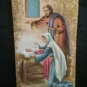 Cartão religioso de Natal vintage José, Maria e bebê Jesus não utilizado + env
