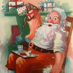 Cartão de Natal vintage Papai Noel fazendo um lanche Não utilizado+env