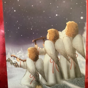 vintage Christmas glittered Card Trois anges Inutilisé+env