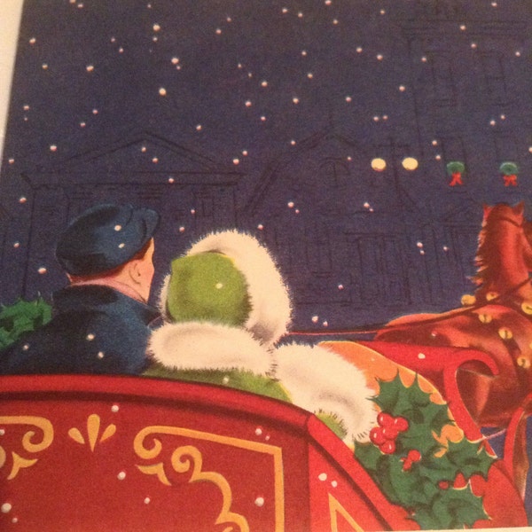 Vintage Christmas card couple sleigh ride unused+env