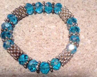 Blue and silver beaded stretch bracelet